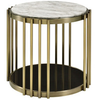Kein 26 Inch Round Side End Table, White Faux Marble Top, Brass Steel Frame