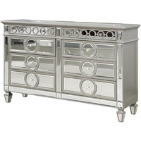 Jack 64 Inch Dresser, 6 Gliding Drawers, Mirror Panel Inserts, Silver
