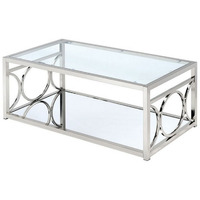 Paire 47 Inch Coffee Table, Glass Top, Mirrored Bottom Shelf, Metal Accents