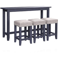 Eala 4 Piece Counter Height Table and Stool Set, Blue Wood, Gray Fabric