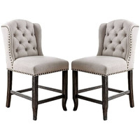 Bega 24 Inch Counter Height Chair, Set of 2, Wingback, Tufted, Light Gray