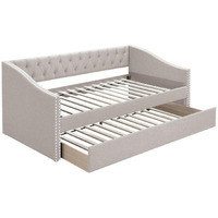 Ann Modern Wood Day Bed with Trundle, Straight Tufted Back, Taupe Burlap