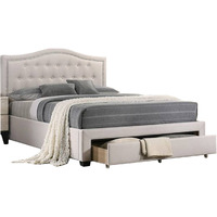 Buk Upholstered Tufted Twin Bed with Storage, Nailhead Trim, Ivory Burlap