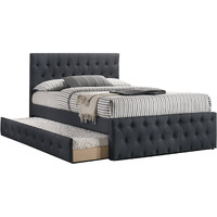 Nek Full Size Upholstered Bed with Twin Trundle, Tufted Charcoal Burlap