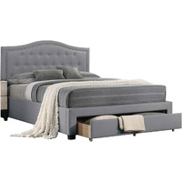 Buk Upholstered Tufted Twin Bed with Storage, Nailhead Trim, Gray Burlap