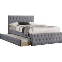 Nek Wood Twin Size Upholstered Bed with Trundle, Tufted Gray Burlap
