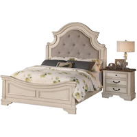 Lupe King Size Bed, Gray Upholstered Scalloped Frame, Antique White Finish