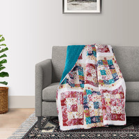 Zay 60 Inch Throw Blanket, Patchwork Floral Print, Teal Blue Microfiber