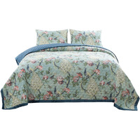 Eden 2 Piece Twin XL Quilt Set, Peacock and Songbirds, Green Microfiber
