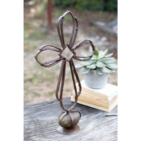 RECYCLED METAL SISTER CLARAS CROSS ON A CAGED ROCK BASE