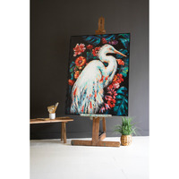 FRAMED OIL PAINTING - HERON WITH FLOWERS