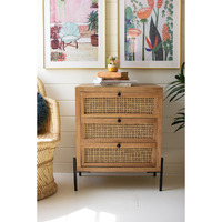 WOOD BEDSIDE TABLE WITH THREE WOVEN CANE DRAWERS