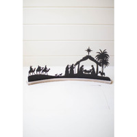 BLACK METAL NATIVITY ON A CURVED WHITE WOOD BASE