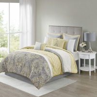 Ergode  8 Piece Comforter Set - King Size, Diamond Quilted Design, Damask Print, Yellow/Grey/Taupe, Includes Shams & Decorative Pillows