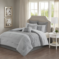 Ergode Embroidered 8 Piece Comforter Set - Elegant Grey Bedding with Pieced Embroidery, Quilting, and Pintuck Details - Includes Shams, Euro Shams, Decorative Pillows, and Bed Skirt - Ultra-Soft Microfiber - Machine Washable and Wrinkle-Free - Perfect for Enhancing Bedroom Decor