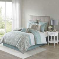 Ergode's Sophisticated 8 Piece Comforter Set - Diamond Quilted Design, Ultra-Soft Microfiber, Damask Print, Seafoam and Brown Tones - Includes Shams, Euro Shams, Decorative Pillows, and Bed Skirt