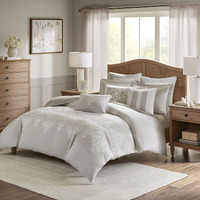 Ergode 8 Piece Comforter Set - Oversized & Overfilled Textured Comforter with White Chain Stitch Embroidery - Grey & Beige Damask Pattern - Includes Shams, Euro Shams, and Decorative Pillows