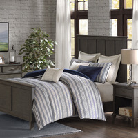 Ergode Comforter Set - Navy and Ivory Woven Jacquard Stripe Pattern - High-Quality Cotton Blend - Oversized and Overfilled - Removable Cover - Coordinating Shams and Euro Shams - Three Decorative Pillows - Machine Washable - Luxurious and Cozy Bedroom Upgrade