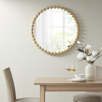 Ergode Beaded Round Wall Mirror - Exquisite Spherical Iron Frame with Antique Metallic Gold Foil Finish - Vintage Charm and Elegance - Distressed Pattern Effect - Easy to Hang - 36D