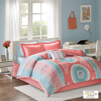 Ergode Boho Comforter Set with Bed Sheets - Vibrant Coral and Aqua Medallion Print - Embroidered Shams - Ruched Pillow - Solid Coral Bed Skirt - OEKO-TEX Certified - Stylish and Cozy Retreat