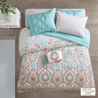 Ergode Boho Comforter Set with Bed Sheets - Aqua/Orange Global Pattern, OEKO-TEX Certified, Antimicrobial Treatment, Includes Shams & Decorative Pillow