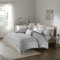 Ergode Printed Duvet Cover Set - Geometric Pattern, Silver and Grey, Includes Shams and Decorative Pillows, Antimicrobial Treatment, Easy to Use, Elevate Your Bedroom's Style and Comfort