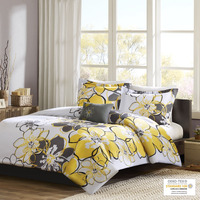 Ergode Yellow and Grey Floral Duvet Cover Set - Soft Polyester Microfiber, Reversible Design, Antimicrobial Protection, Includes Shams and Decorative Pillow