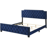Agapi King Size Bed, Button Tufted, Nailhead Trim, Blue Fabric Upholstery