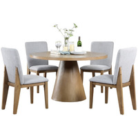 Deli 5 Piece Round Dining Table Set, 4 Seater Table, Gray Linen Chairs