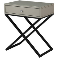 Zeno 27 Inch 1 Drawer Nightstand, Glass Top, Black Metal Cross Legs, Taupe