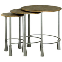 3 Piece Round Nesting End Table Set, Sleek Gray Iron Legs, Mango Brown Wood