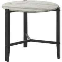 Zuko 24 Inch Round End Table, White Faux Marble Design, Black Legs