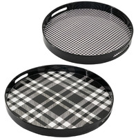 2 Piece Round Decorative Tray, Plastic Frame, Black and White Plaid Print