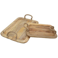 Set of 2 Mango Wood Trays, Twisted Jute Handles, Rustic Brown Texturing
