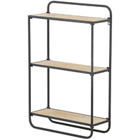 32 Inch Shelving Unit, Black Curved Iron Frame, Three Fir Wood Shelves