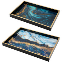 Set of 2 Rectangular Decorative Trays, Tall Rims, Faux Marble, Blue, Gold