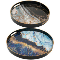 Set of 2 Round Decorative Trays, Tall Rims, Faux Marble, Blue, Gold