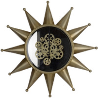 28 Inch Round Wall Clock, Sun Shaped Frame, Rich Brown, Bold Jet Black