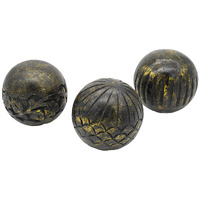 Set of 3 Decorative Tabletop Round Balls, Carved Mango Wood, Black, Yellow