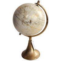 15 Inch Modern Accent Globe, Smooth Turning, White With Gold Aluminum Stand