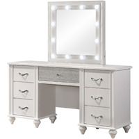 Dini 62 Inch 7 Drawer Vanity Desk with LED Lighted Mirror, Classic White