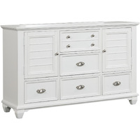 Jims 61 Inch Wood Dresser, 2 Cabinets, 5 Drawers, Cup Handles, Crisp White