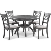 Ceri 5 Piece Round Dining Table and Chair Set, Gray Wood, White Fabric