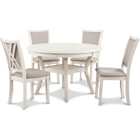 Aine 5 Piece Round Dining Table and Chair Set, White Wood, Fabric Seat