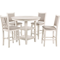 Aine 5 Piece Round Counter Dining Table, Chair Set, White Wood, Fabric Seat
