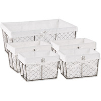 ASST VINTAGE GREY CHICKEN WIRE BLEACHED WHITE LINER BASKET SET/5