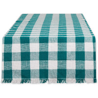 TEAL HEAVYWEIGHT CHECK FRINGED TABLE RUNNER 14x72