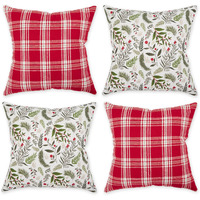 ASST HOLIDAY SPRIG PRINT AND PLAID PILLOW COVER 18x18 SET/4