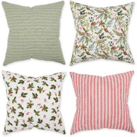 ASST HOLIDAY HOLLY PRINT AND STRIPE PILLOW COVER 18x18 SET/4