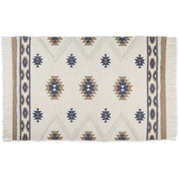 SOUTHWESTERN TEXTURED FRINGE - STONE & BLUE - 4 X 6 FT
